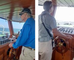 Randall and Alison at the helm of the tugboat